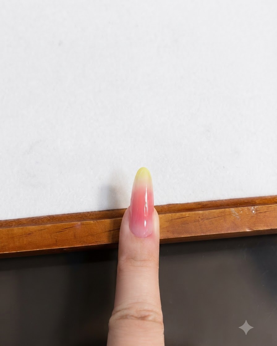 Un dito curato posizionato sotto una lampada per unghie per polimerizzare lo strato cat eye.