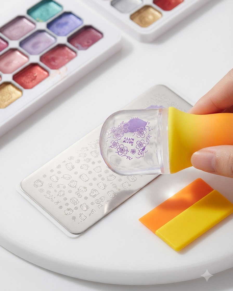 Un raschietto arancione che pulisce il gel viola in eccesso in modo piatto su una piastra da stampa in metallo.