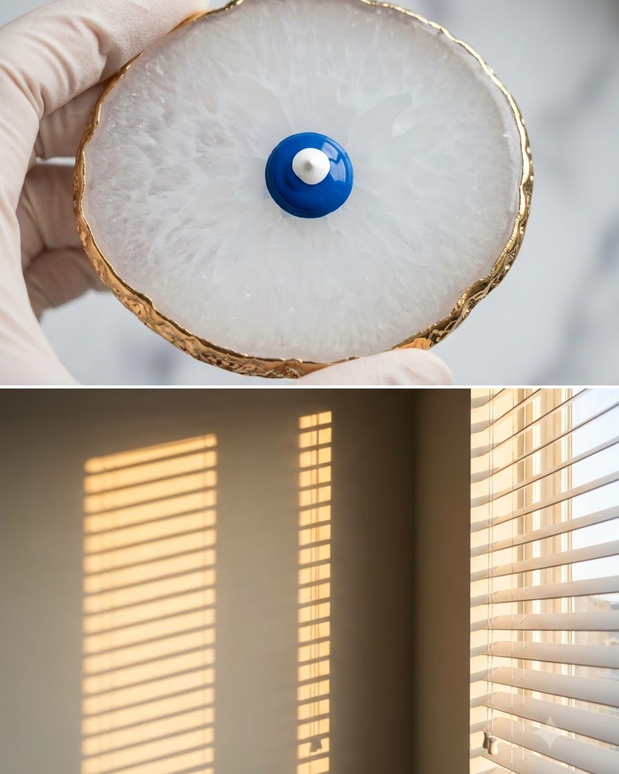 Uno strumento di punteggiatura poggiato su una tavolozza di miscelazione con una goccia di gel blu e una goccia di gel bianco al centro.