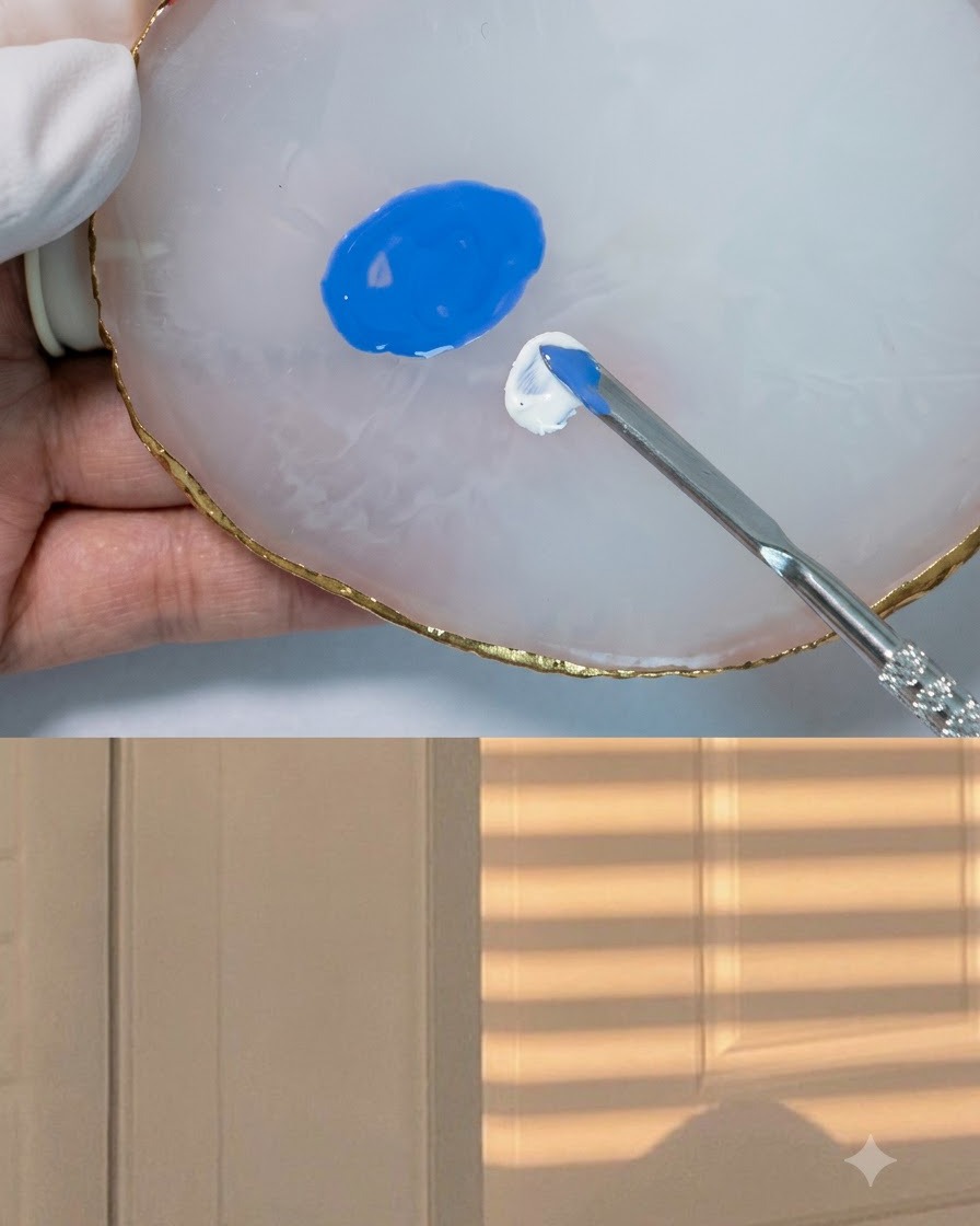 Uno strumento di miscelazione che unisce gel bianco fresco in una pozza di smalto blu su una tavolozza.