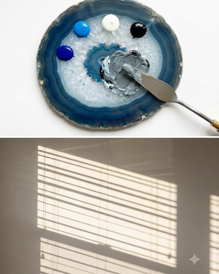 Una spatola che mescola gel bianco e nero per formare una tonalità grigio chiaro liscia su una tavolozza in agata blu.
