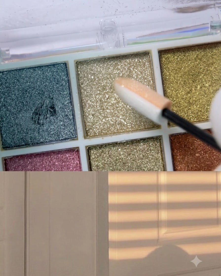 Un applicatore in spugna per ombretto che raccoglie la polvere cromata oro champagne da una tavolozza per trucco.