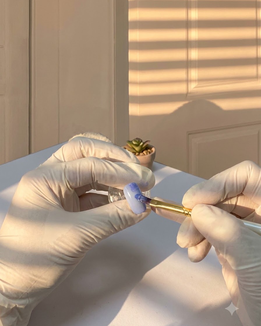 Un pennello per dettagli che tampona pigmento blu scuro nel blooming gel bagnato su ununghia.