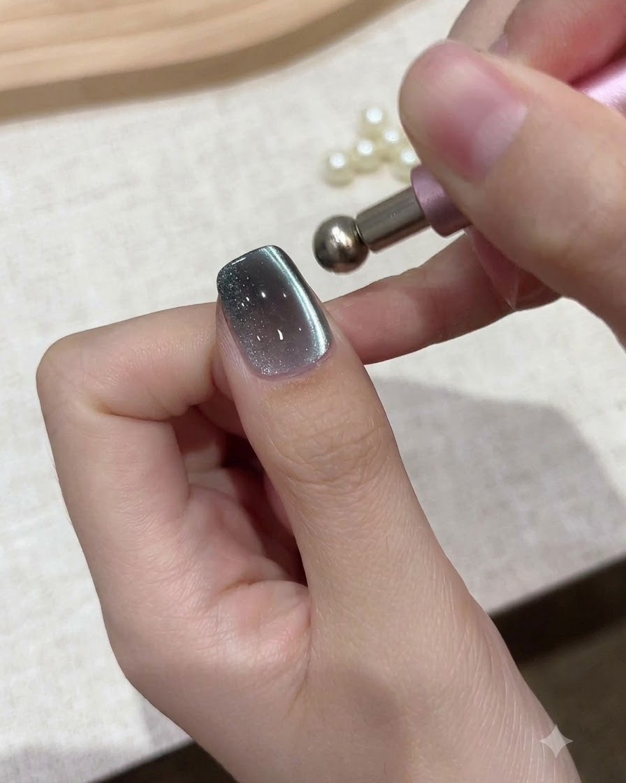 Un piccolo strumento magnetico sferico tenuto vicino alla cuticola di ununghia smaltata in gel per spostare le particelle luccicanti.