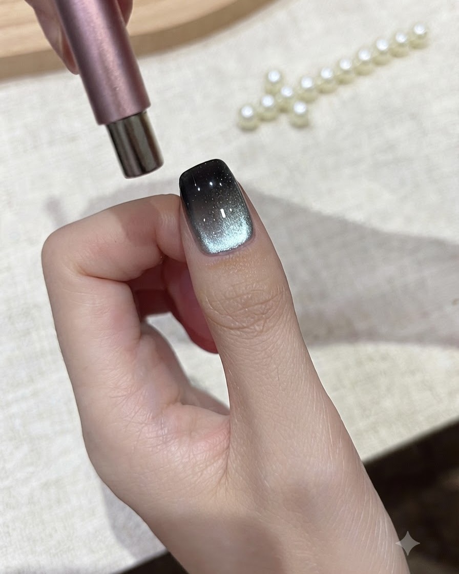 Un magnete cilindrico che fluttua vicino al bordo destro di ununghia dipinta con gel cat-eye.