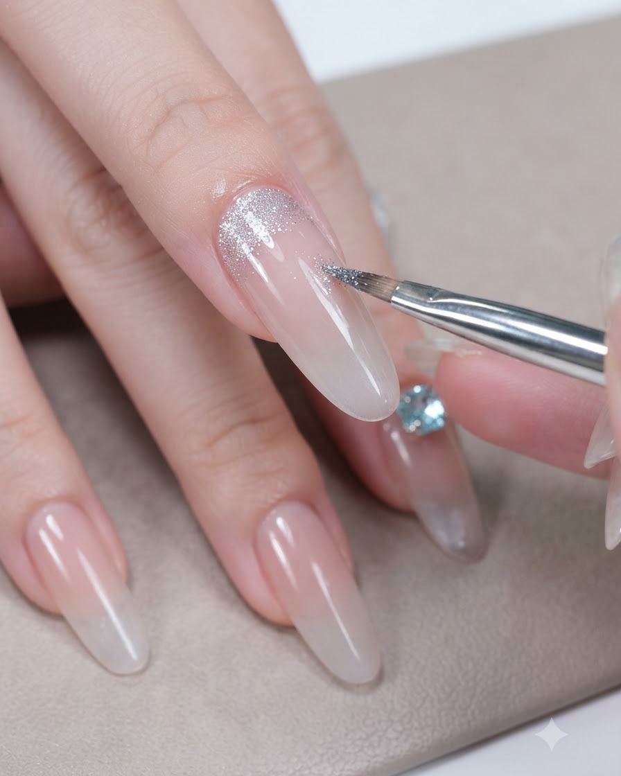 Uno scatto dettagliato di un pennello da unghie che applica gel di diamante frantumato e paillettes argentate vicino alla zona delle cuticole.