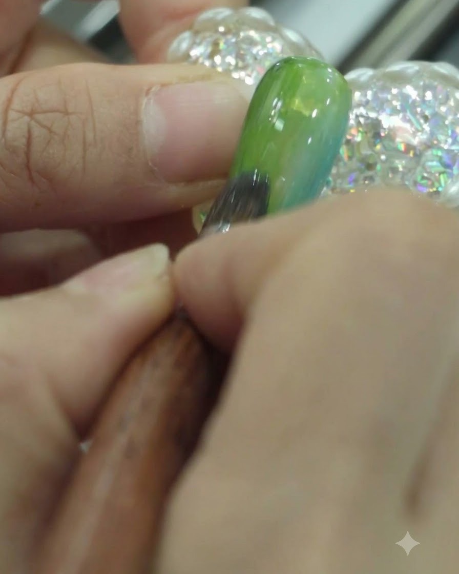 Un pennello che aggiunge un secondo strato di smalto gel verde scuro sul lato sinistro di ununghia sfumata.