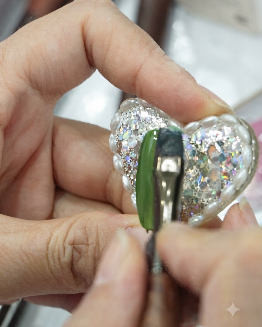 Un primo piano dettagliato che mostra un pennello da sfumatura morbido che liscia delicatamente la transizione tra un blu profondo e uno strato di gel verde vibrante su ununghia artificiale.
