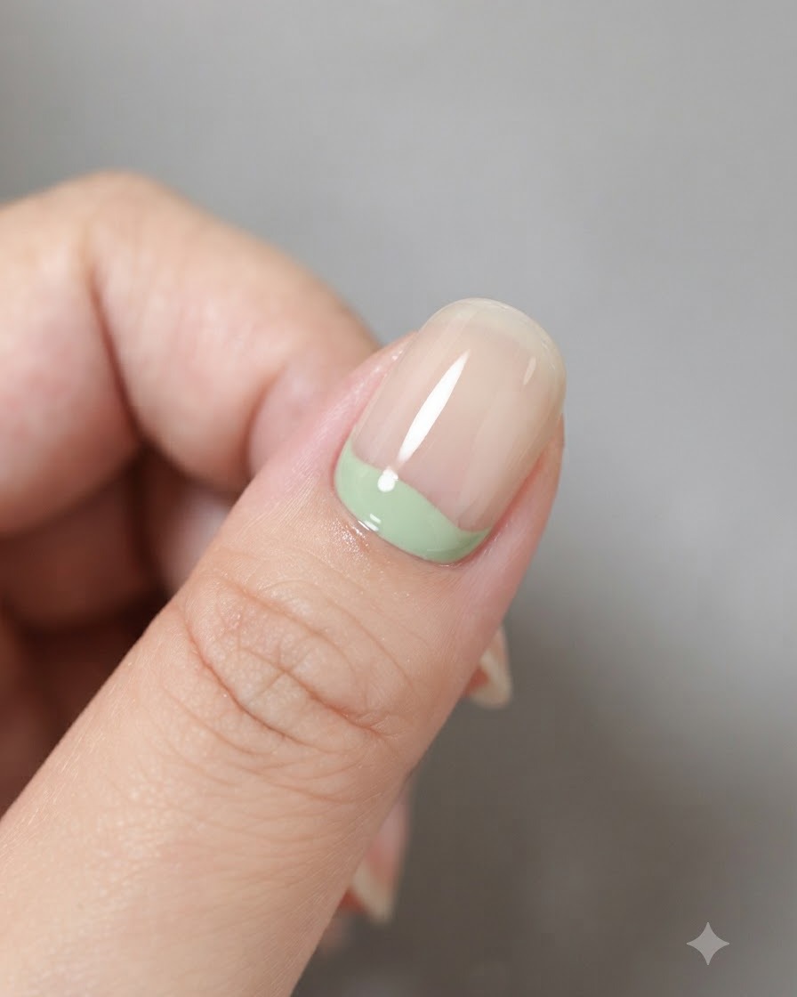 Primo piano di ununghia con una fascia curva di gel verde latte applicata nella zona delle cuticole.