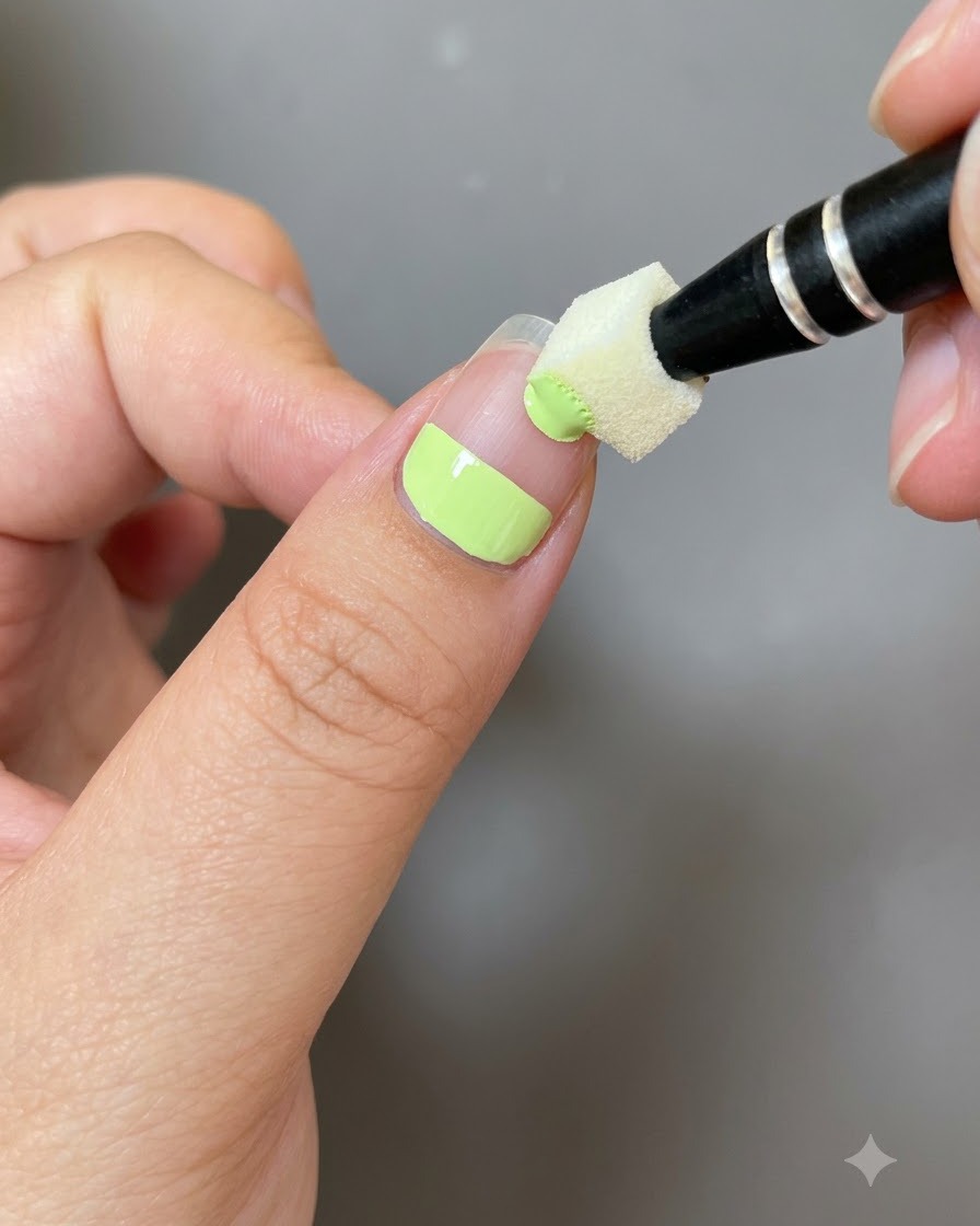Una piccola spugnetta che tampona il bordo del gel verde su ununghia.