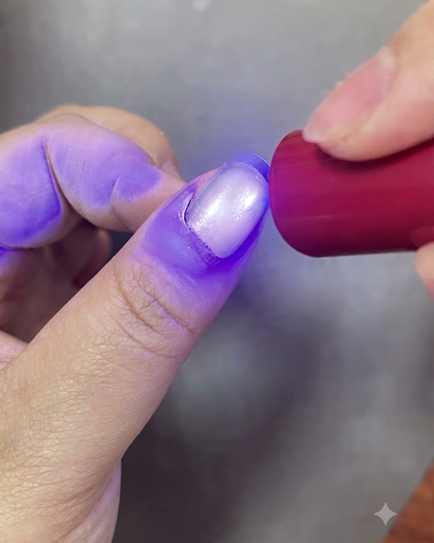 Ununghia in fase di polimerizzazione sotto la luce viola di una lampada per unghie UV.