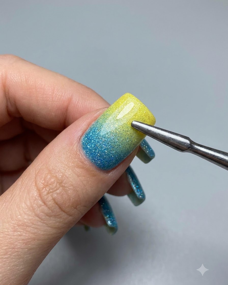 Uno strumento in metallo con un magnete a sfera di vetro tenuto vicino a ununghia con gel scintillante.