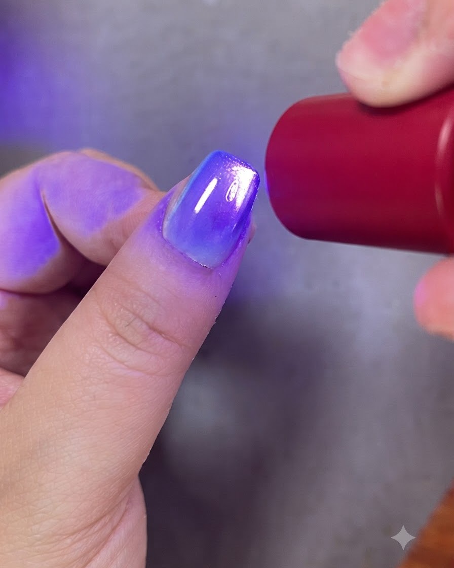 Un pennello per unghie che applica un top coat trasparente su una nail art finita con sfumatura e gel cat eye.