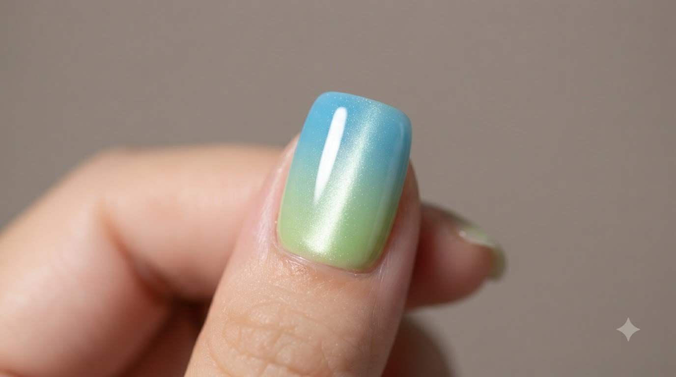 Unghie sfumate estive in verde e blu con effetto cat eye magnetico — Tutorial passo dopo passo