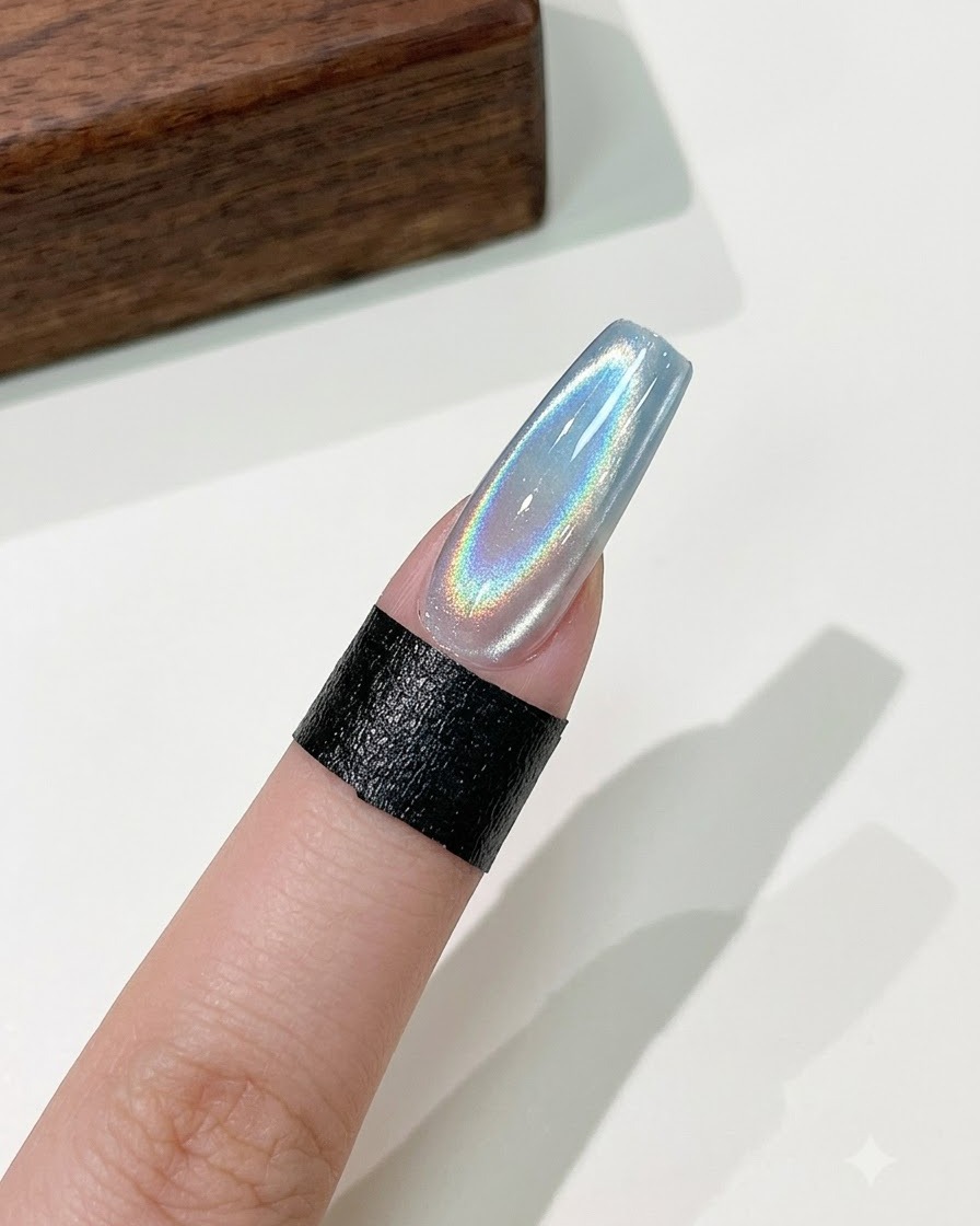 Ununghia lunga a bara finita con una vivace striscia luminosa olografica cat eye su uno sfondo sfumato.