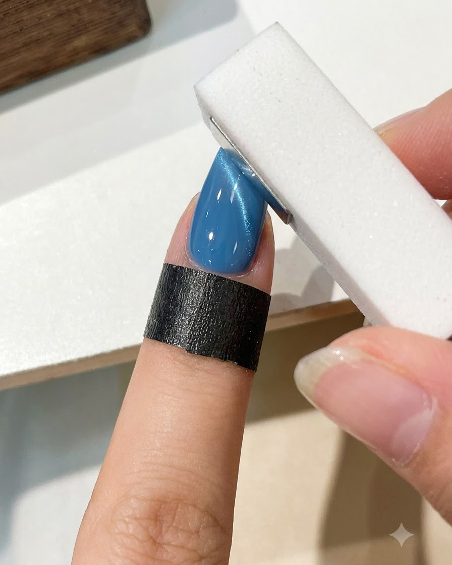 Un pennello che applica un top coat trasparente lucido su ununghia decorata con cat eye blu.
