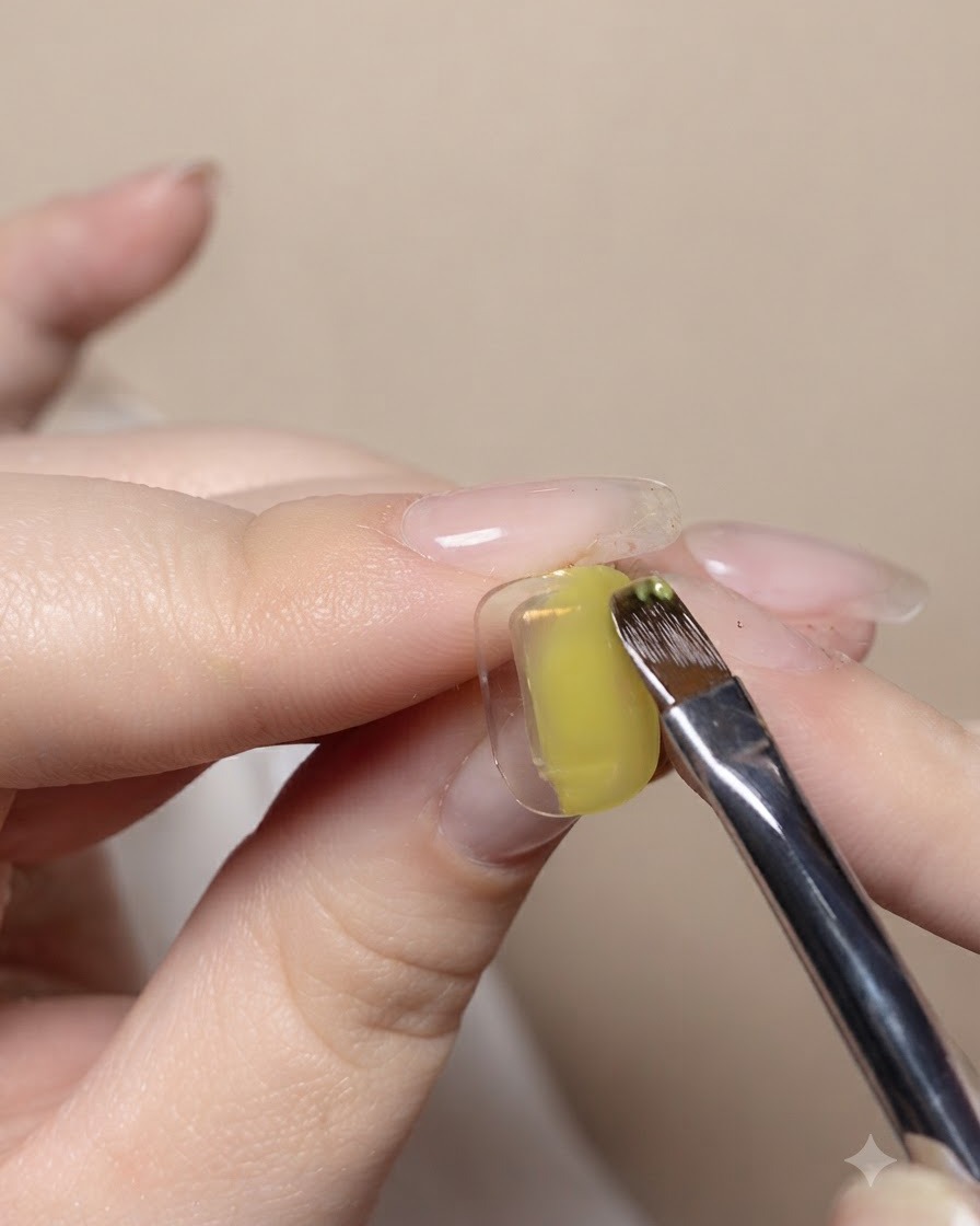 Un pennello da decorazione applica gel solidi verde e blu sui lati opposti di ununghia.