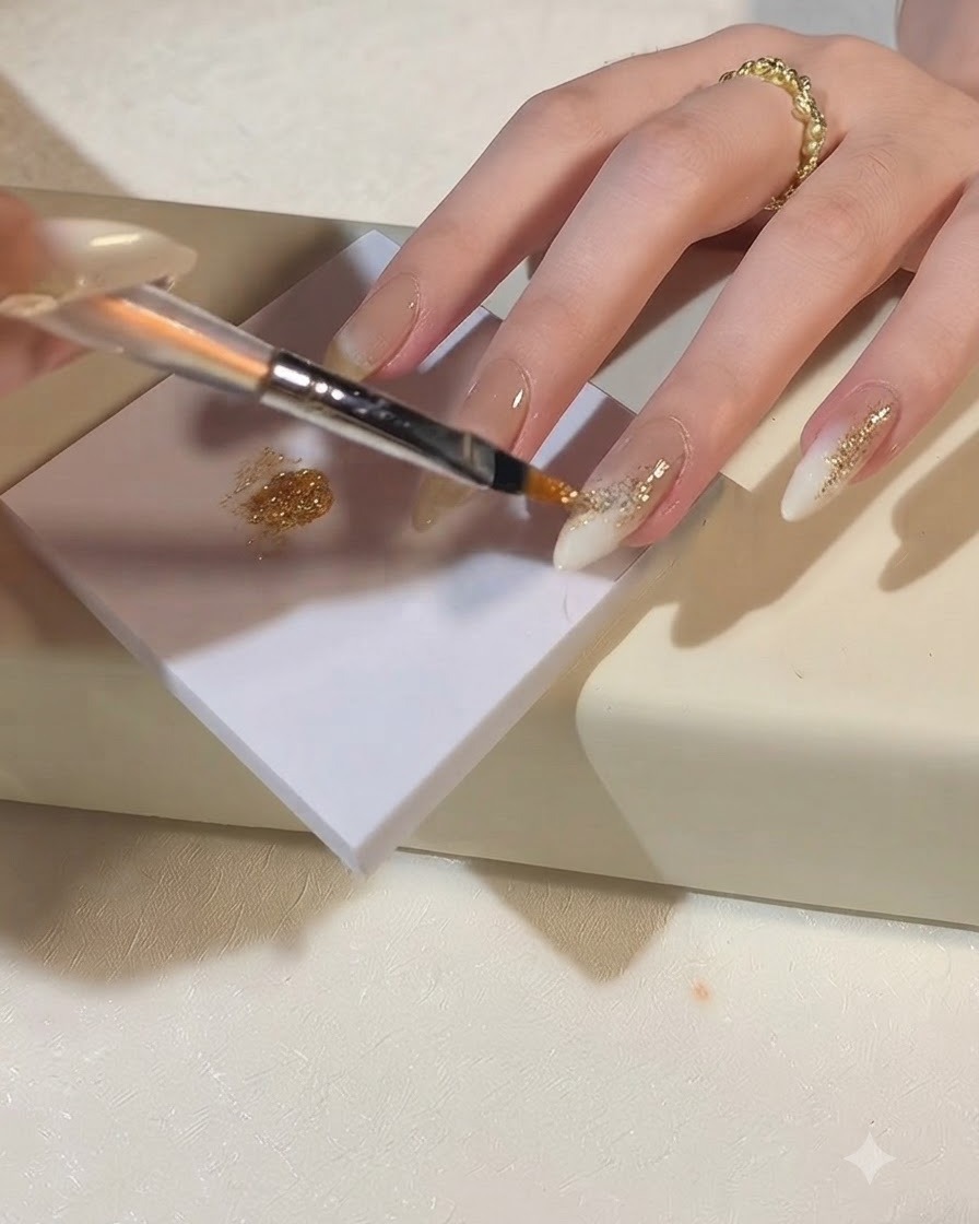 Un pennello tampona i glitter oro champagne su una zona daccento vicino alla base dellunghia.