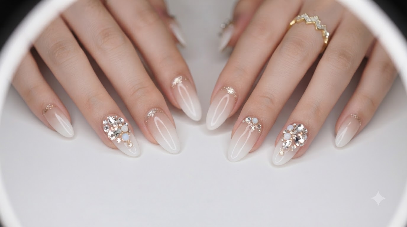 Unghie Ombre Bianco Latte con Strass Oro Champagne: Tutorial Passo dopo Passo