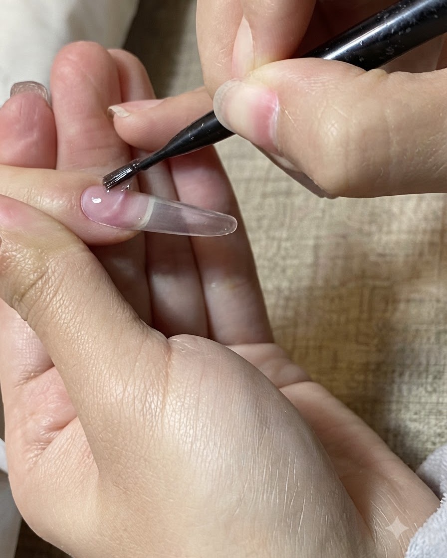 Un pennello fine che applica una goccia di gel costruttore trasparente su unestensione per unghie allungata.