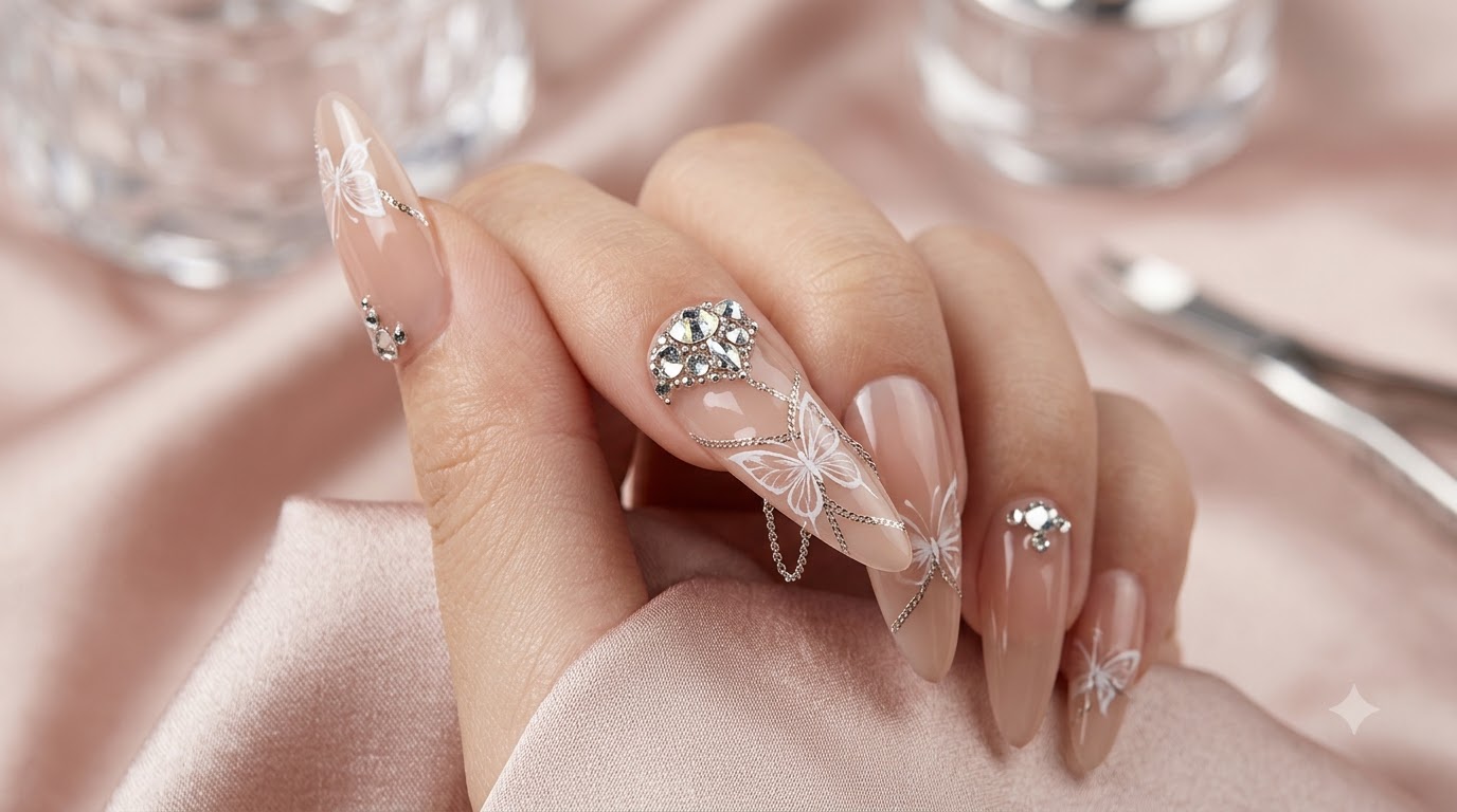 Tutorial Unghie Gel Nude a Mandorla con Farfalle e Cristalli