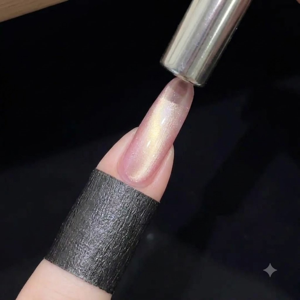 Un magnete cilindrico tenuto vicino a ununghia in gel cat-eye rosa per creare unampia striscia di luce brillante.