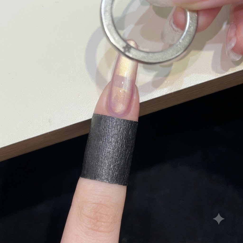 Un magnete circolare ad anello tenuto orizzontalmente sopra il gel cat-eye bagnato per creare un motivo magnetico vorticoso a forma di nastro.