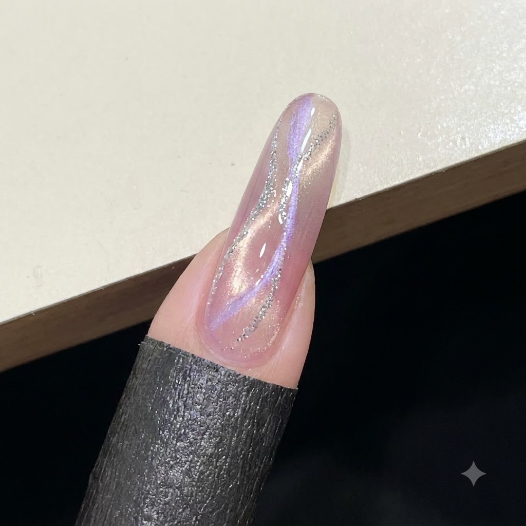 Un primo piano di ununghia rosa brillante ricoperta di gel costruttore trasparente non polimerizzato.