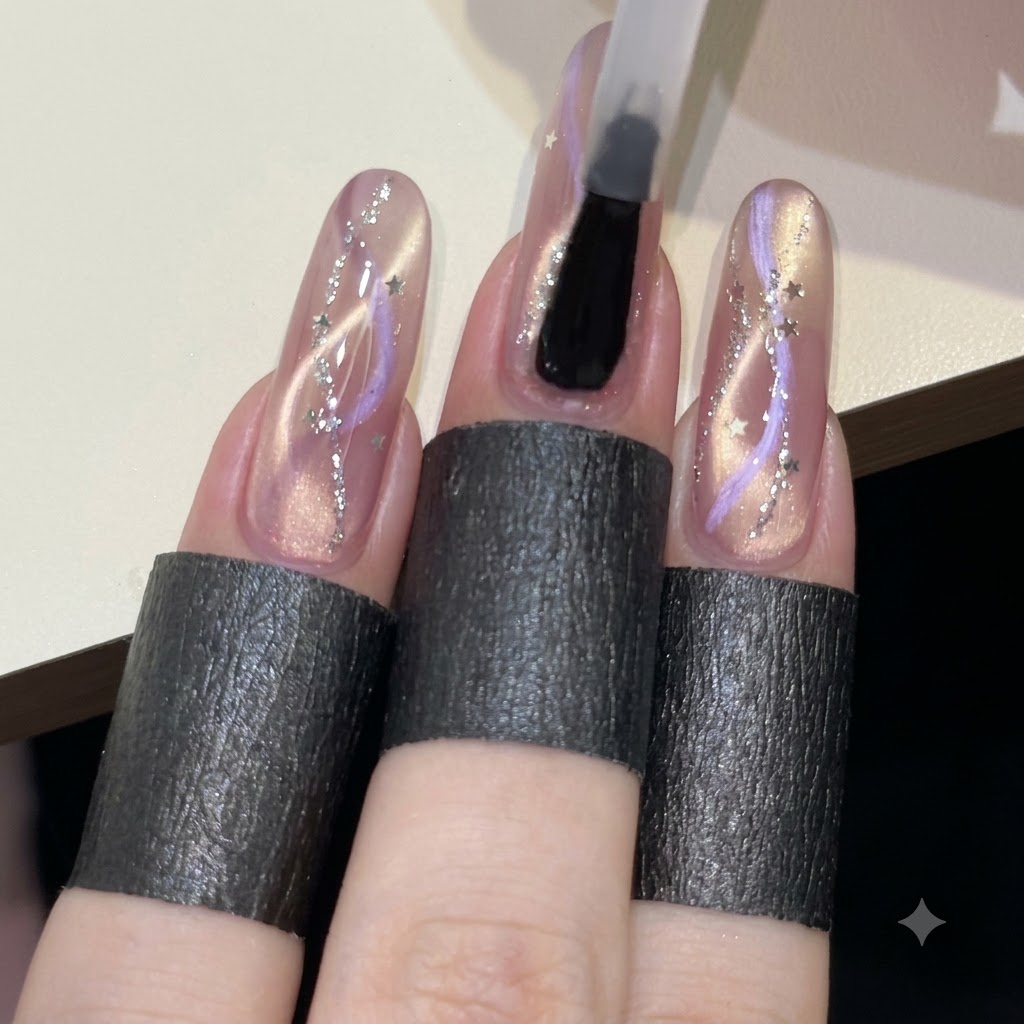 Un pennello che applica uno strato di top coat trasparente e lucido su un design cat-eye rosa a nastro con glitter e stelle dargento.