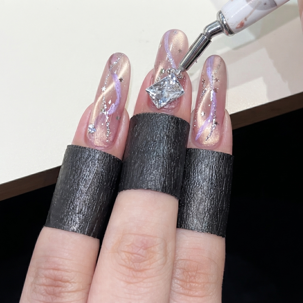 Uno strumento a penna in cera che posiziona un grande strass trasparente a forma di diamante vicino alle cuticole di ununghia decorata con cat-eye rosa.