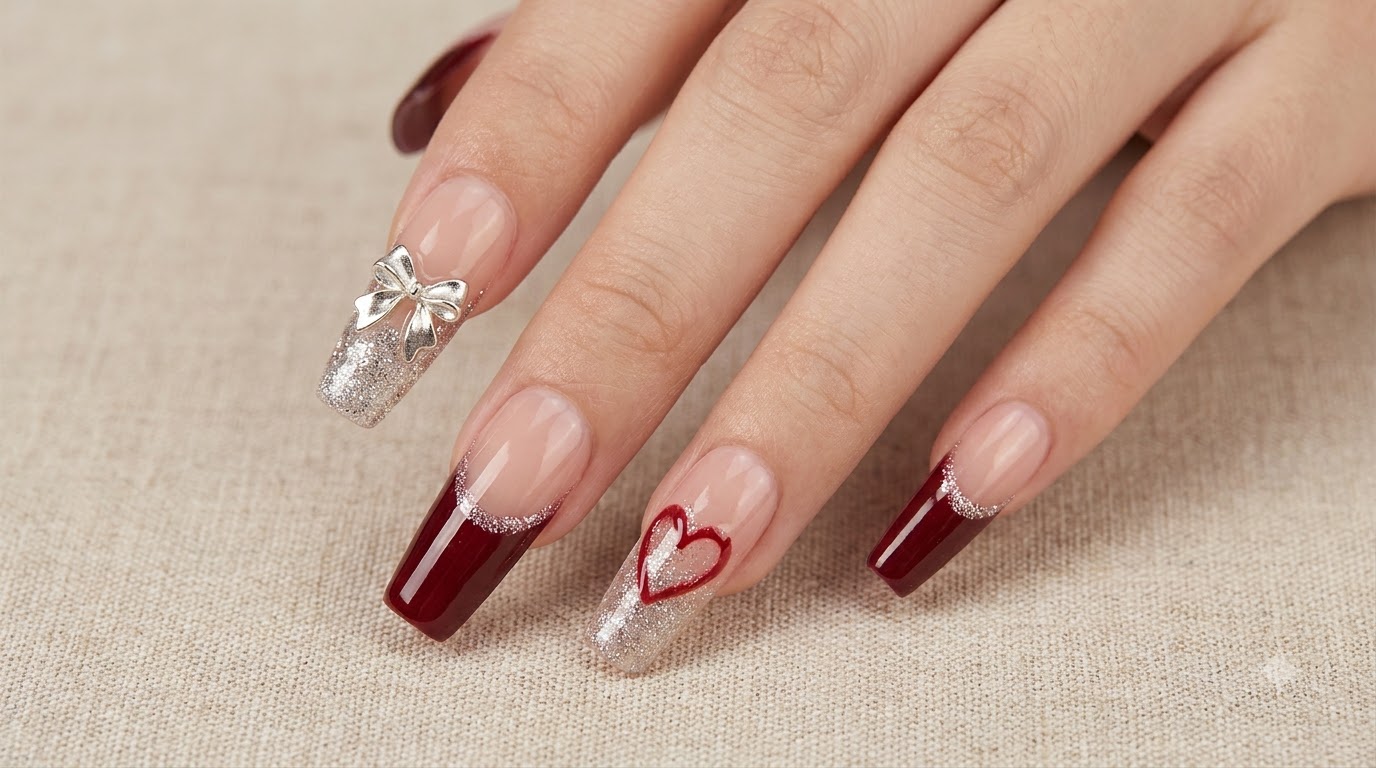 Nail art con french unghie irregolari, cuore e bordeaux minimalista — Tutorial passo dopo passo