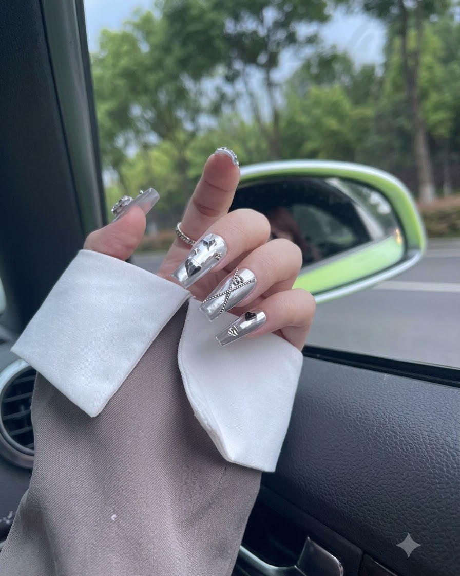 Dita che si muovono dolcemente alla luce del giorno per mostrare le unghie press-on argento metallizzato adornate con una catenella pendente.