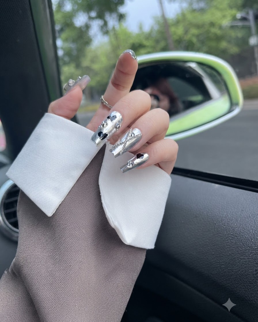 Mano posizionata per mostrare il sorprendente contrasto delle forme a cuore nero opaco su uno sfondo argento riflettente.