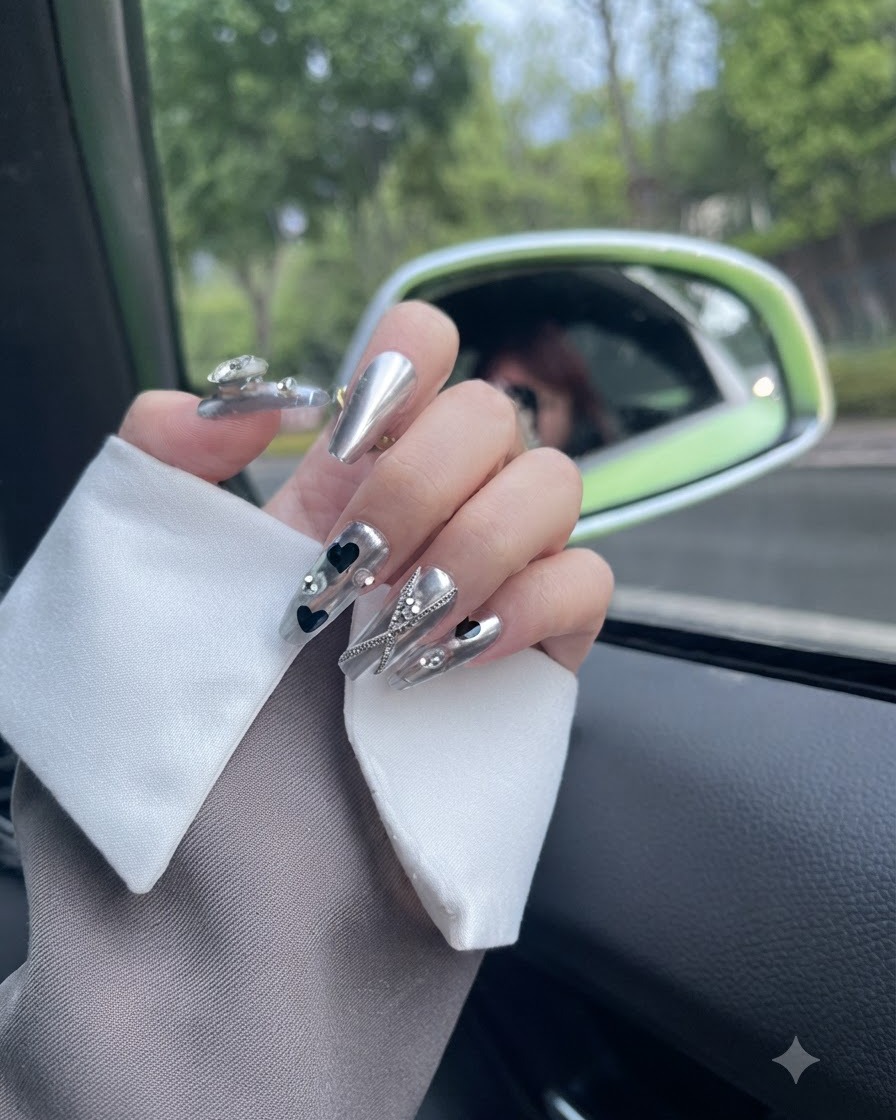 Una mano piegata con grazia per mostrare tutte le dita decorate con unghie press-on abbinate in argento metallizzato e accenti neri.