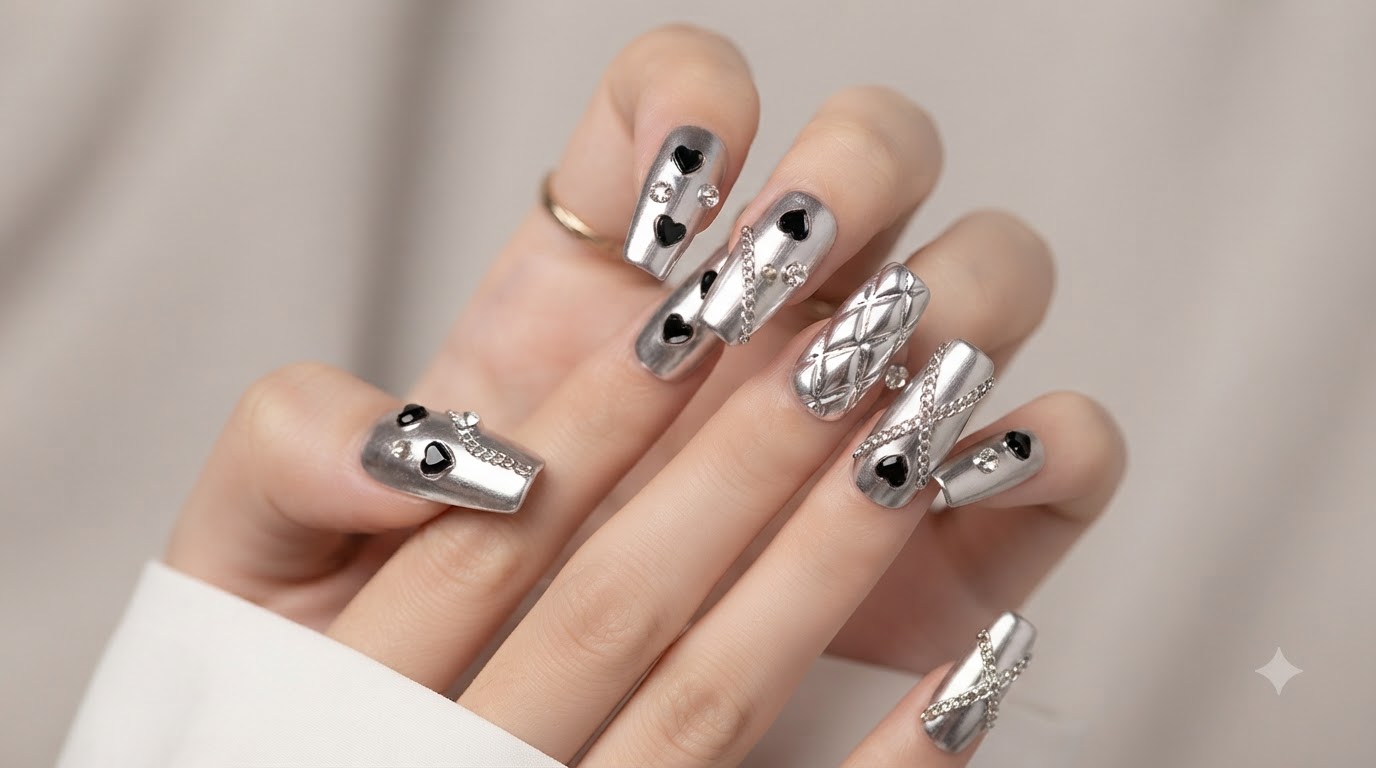 Nail Art Argento Metallizzato con Catenelle — Tutorial per Press-On di Lusso