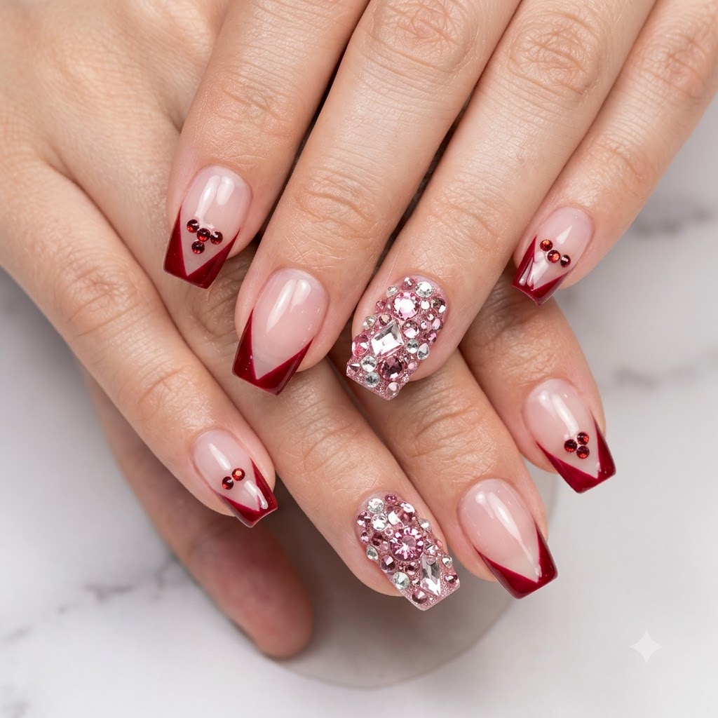 Primo piano di mani che mostrano unghie complete con french a V, dettagli a cuore rossi e nail art con strass.