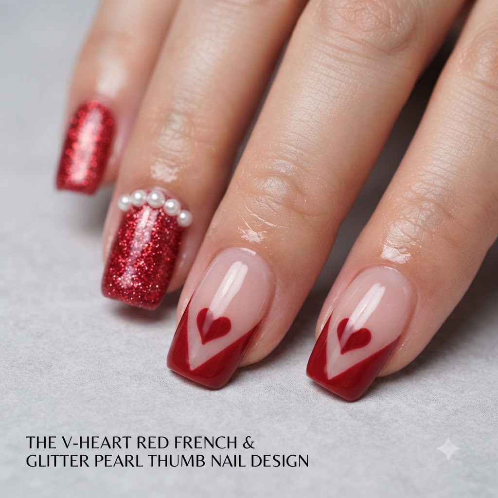 Primo piano che mostra un cuore rosso solido completato, dipinto allinterno dello spazio negativo di una french manicure a V.