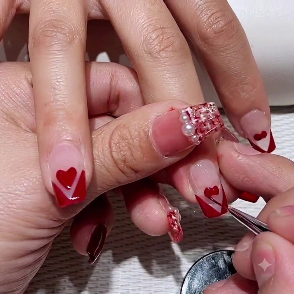 Un pennello sottile per nail art che delinea con precisione i bordi di un cuore rosso dipinto sullunghia di un cliente.
