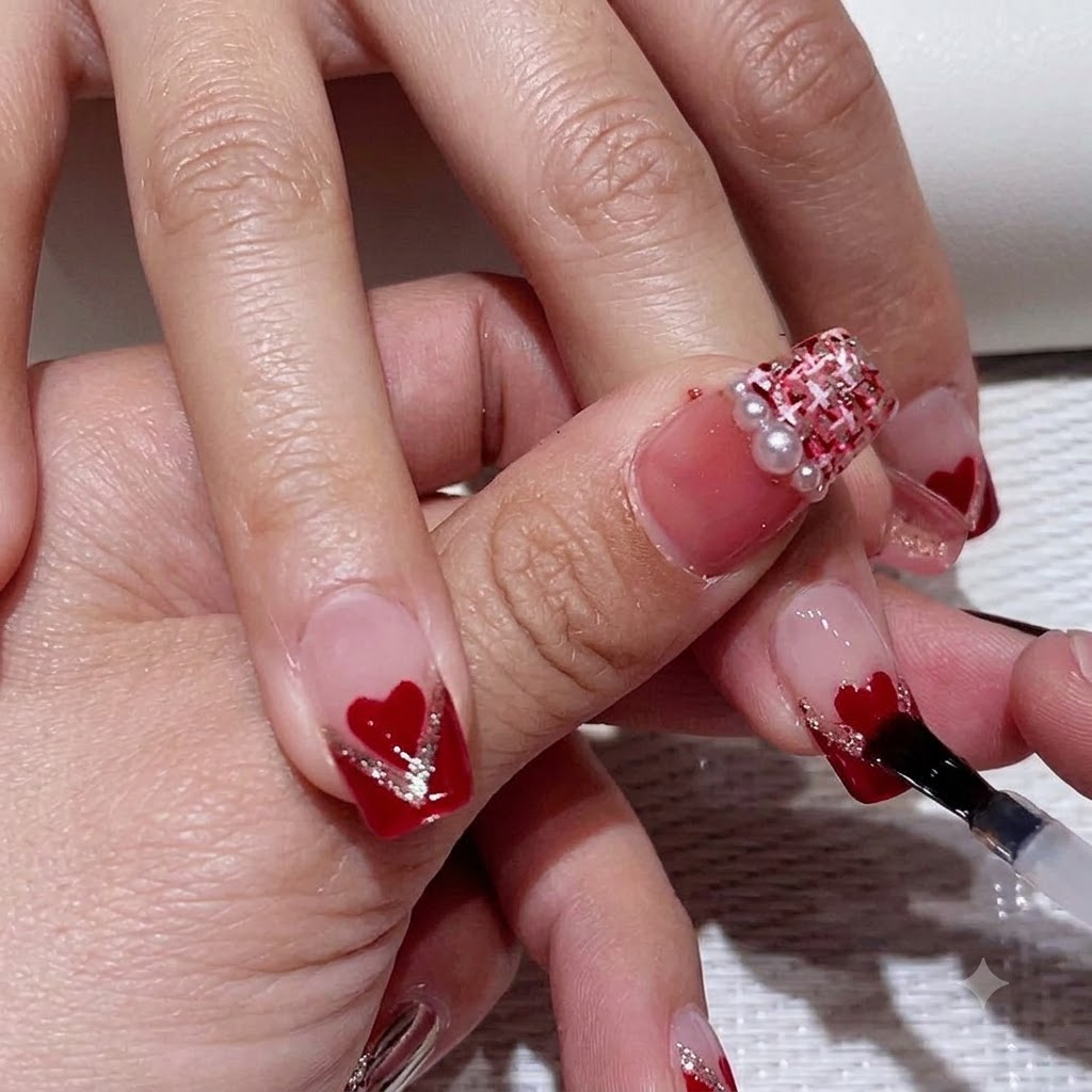 Un pennello da top coat che scivola fluidamente sullunghia del dito medio per bloccare il design della nail art con una finitura lucida.