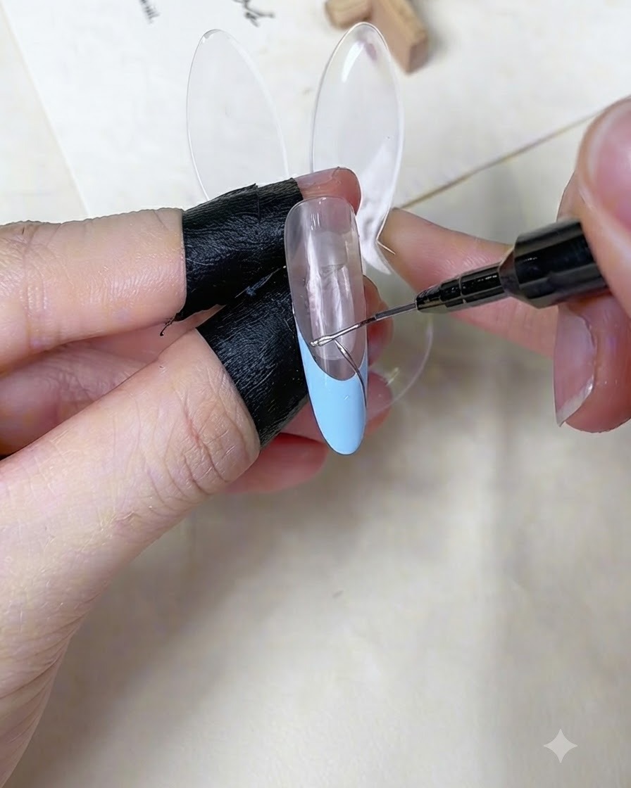 Un pennello liner sottile che disegna una sottile linea daccento argentata su ununghia blu e nude.