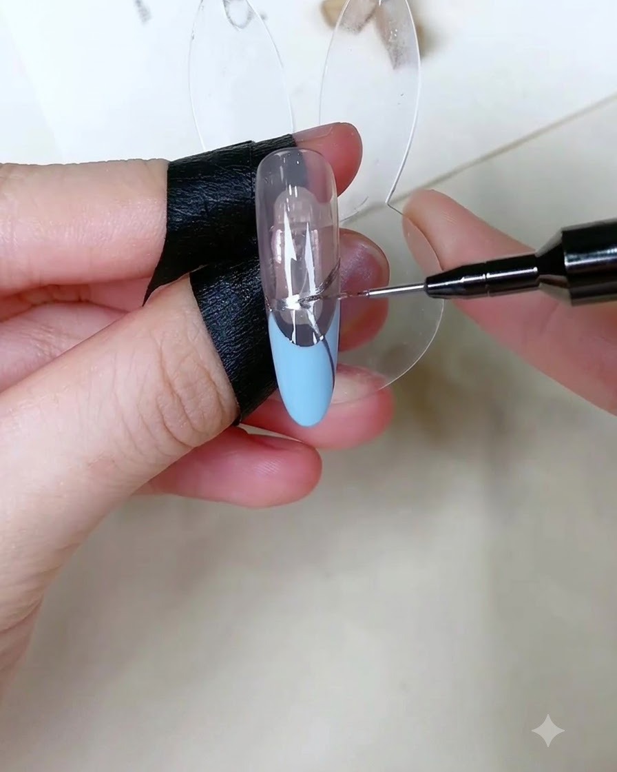 Uno strumento di precisione che applica minuscoli punti di gel adesivo trasparente sulla linea argentata di un design di manicure French.