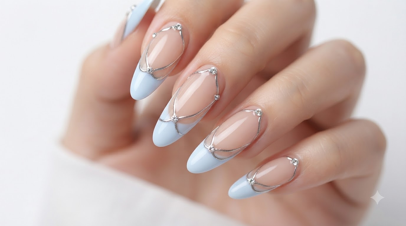 Baby Blue French Tip Unghie con Linee Argentate e Strass — Tutorial Passo dopo Passo