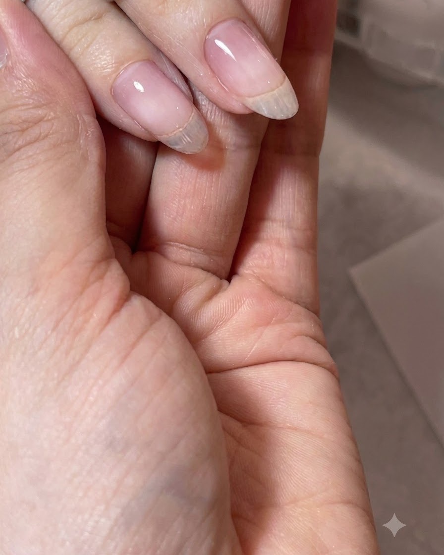 Una mano mostra ununghia in gel trasparente perfettamente strutturata con una bombatura liscia.