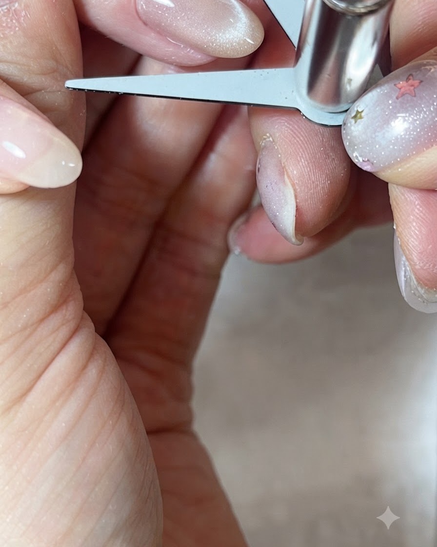 Un magnete a forbice a forma di V posizionato sopra la punta di ununghia per creare un effetto french concentrato.