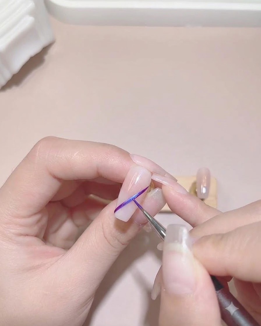 Un pennello sottile disegna una linea diagonale viola brillante su una tip dai toni neutri.