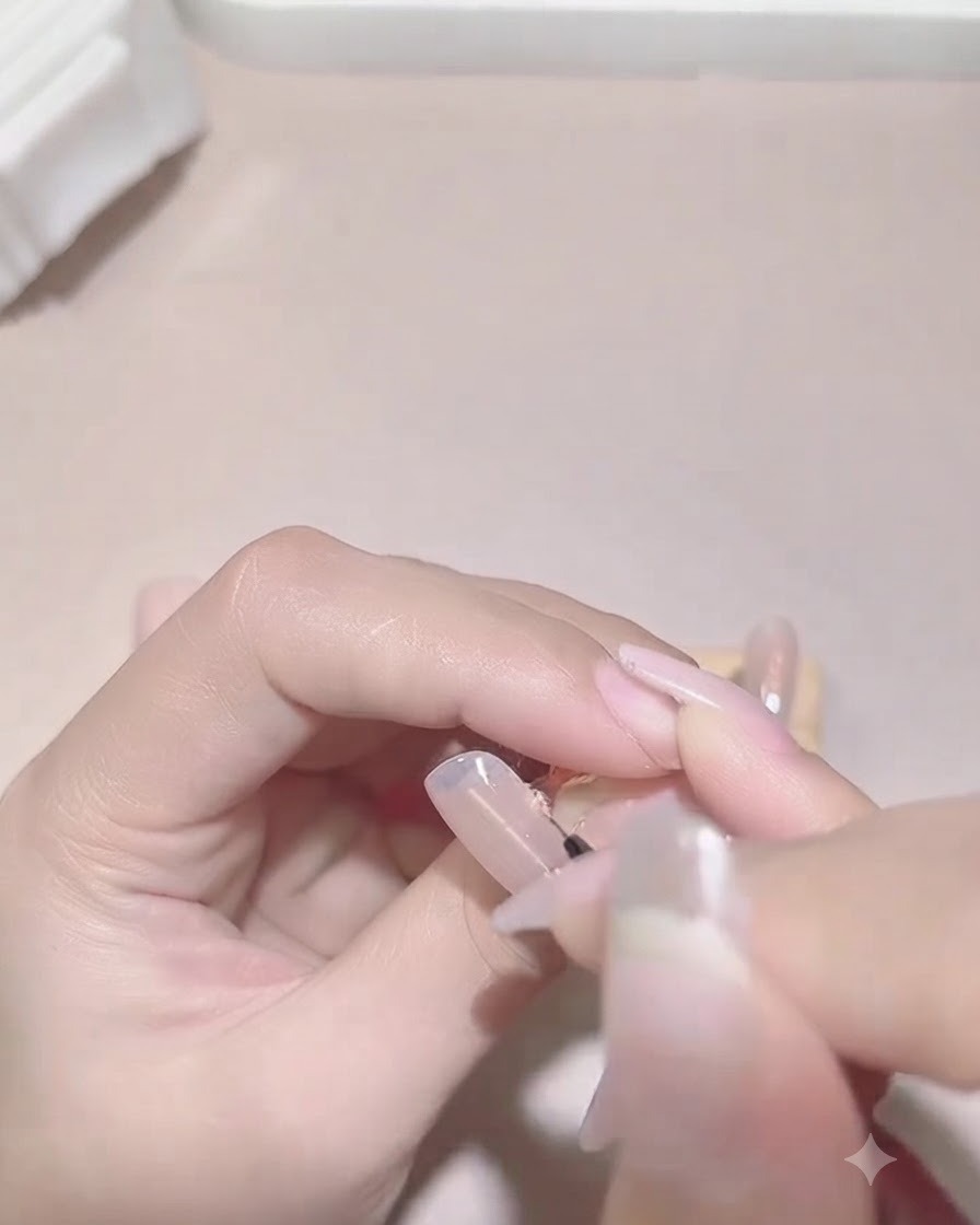 Un pennello fine da nail art disegna una linea ondulata viola per creare un french irregolare su ununghia naturale.