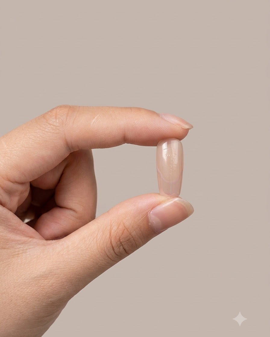 Un singolo dito con la nail art french finita mostrata contro uno sfondo neutro.