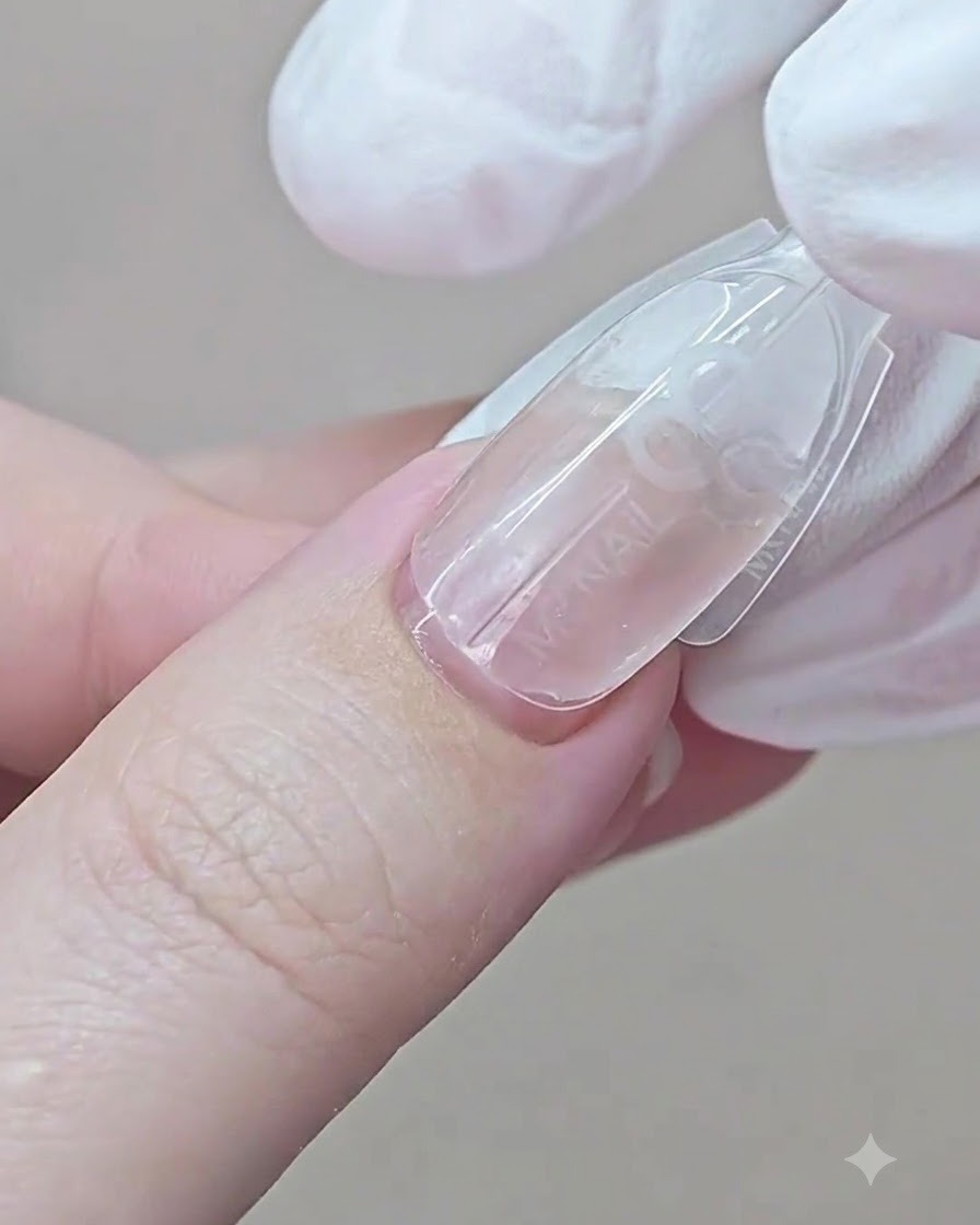 Una mano guantata preme uno stampo dual form su ununghia partendo dalla zona delle cuticole.