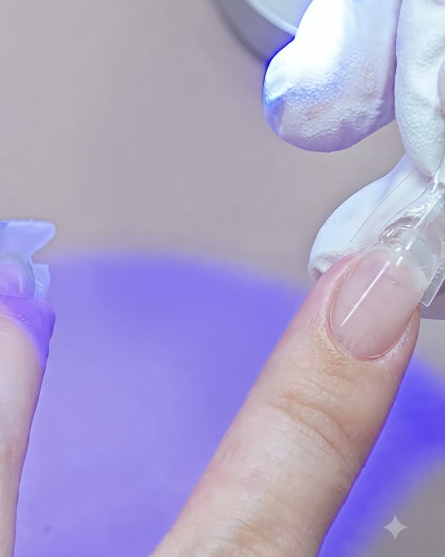 Una mano preme una dual form trasparente su ununghia del mignolo mentre una mini lampada UV blu polimerizza il gel.