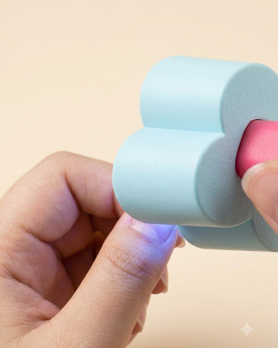 Una mini lampada UV blu a forma di fiore portatile polimerizza uno strato di gel costruttore su un dito.